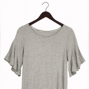 Ann Taylor size small black and white striped shirt with ruffled sleeves.